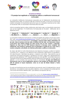 Boletín de Prensa - 172 parejas han registrado su voluntad de realizar su matrimonio homosexual en Ecuador 1